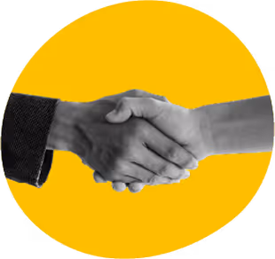 Two hands shaking, symbolizing partnership or agreement, against a yellow circular background.